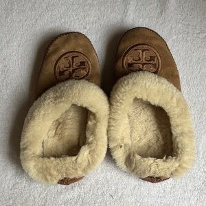 Tory Burch Chestnut Suede Shearling-Trim Slip-On Slippers
